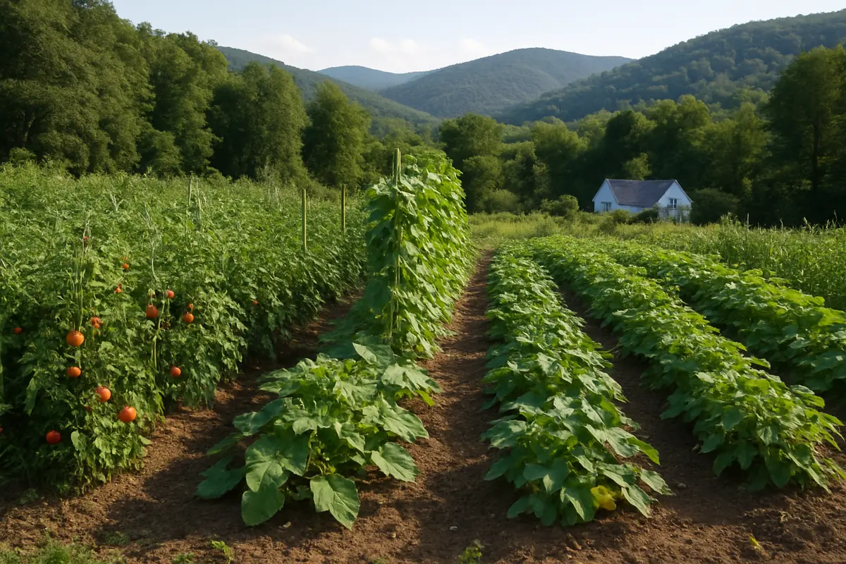 Summer vegetable beds full of tomatoes, pole beans, squash and potatoes in a backyard garden in the West Virginia mountains, with forested ridges and a small farmhouse