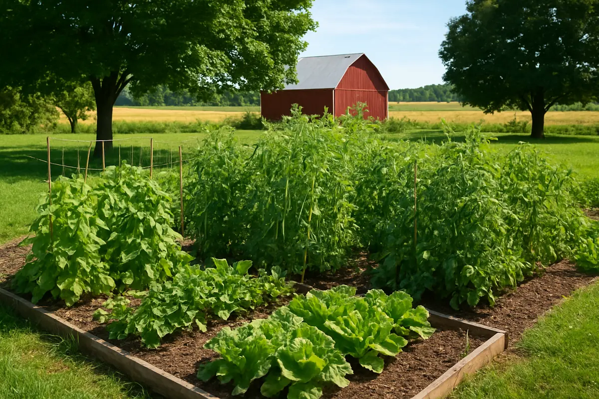 Summer vegetable beds full of beans, peas, tomatoes and lettuce in a backyard garden in rural Wisconsin, with dairy farmland, a red barn and maples