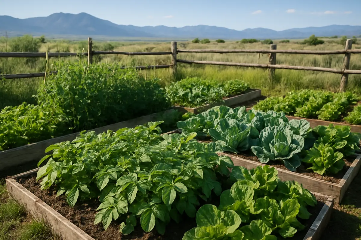 Summer vegetable beds full of potatoes, peas, cabbage and lettuce in a backyard garden in Wyoming, with sagebrush plains, a log fence and distant mountains