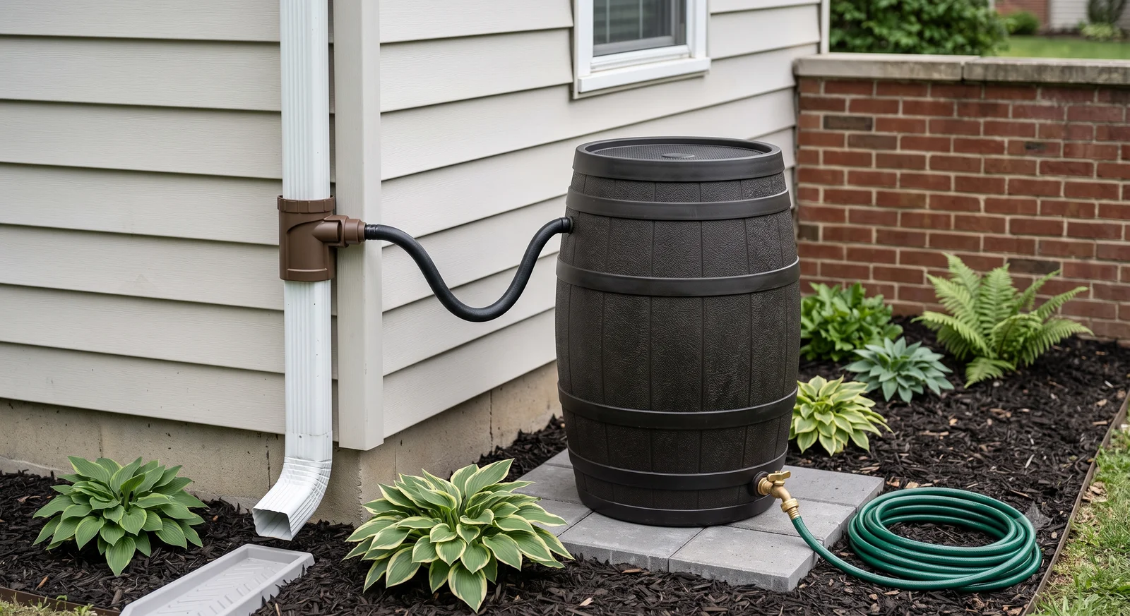 A finished rain barrel installation connected to a downspout diverter, set on pavers next to a garden bed with a hose attached to the spigot
