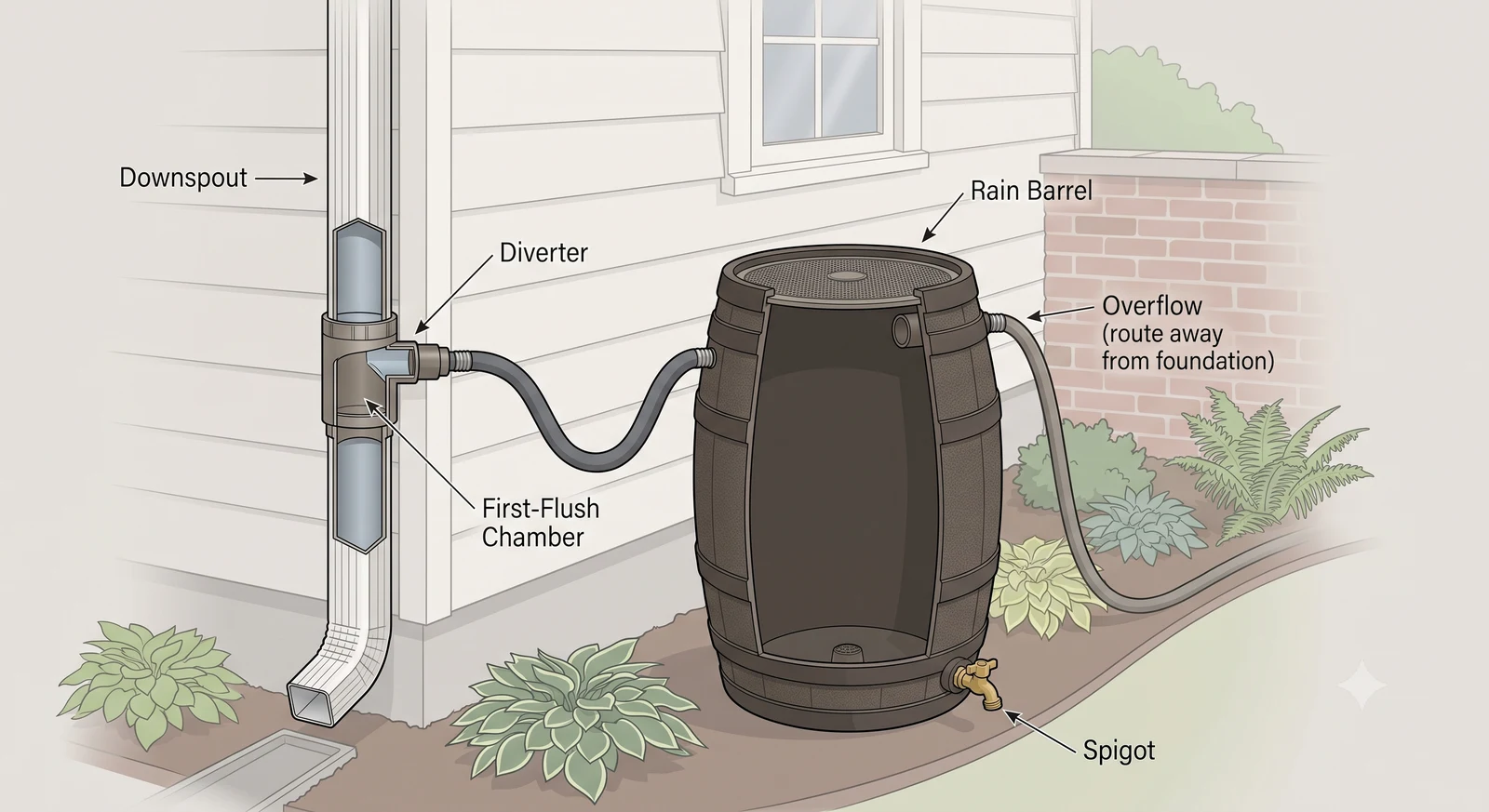 Labeled diagram of a rain barrel system showing the downspout, diverter, first-flush chamber, rain barrel, spigot, and overflow hose routed away from the foundation