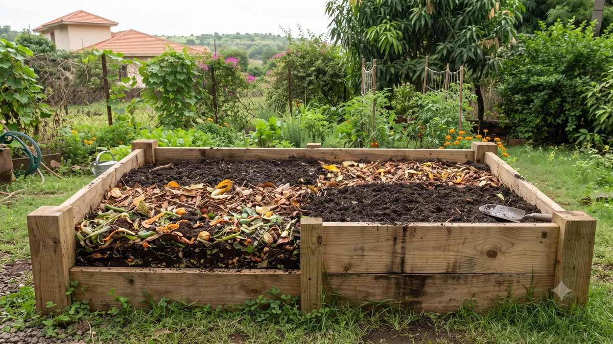 Wooden raised garden bed partially filled with a mix of dark soil and layered mulch and leaf debris, shovel resting on top