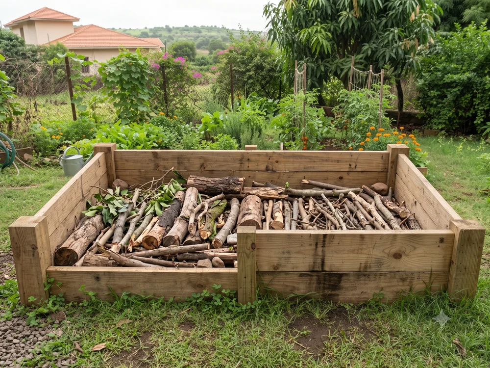 Logs and branches layered in the bottom of an empty wooden raised garden bed before soil is added on top