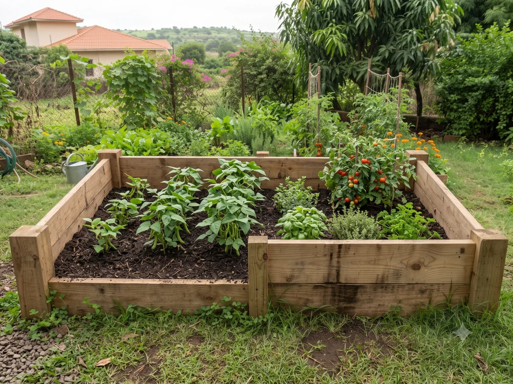 An established raised garden bed densely planted with bush beans, tomatoes, and herbs, soil filled in and settled around the plants