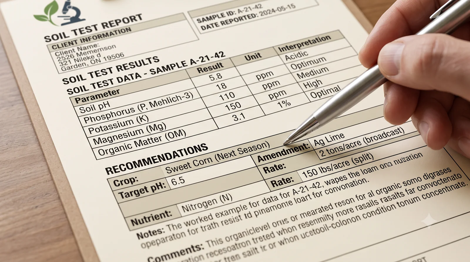 A hand holding a pen while reviewing a soil test report's results and recommendations sections