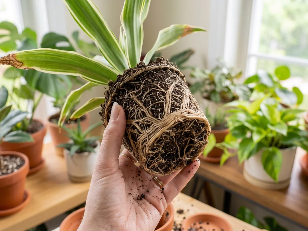 Root-bound plant roots circling the pot, showing a cause of leaf tip browning