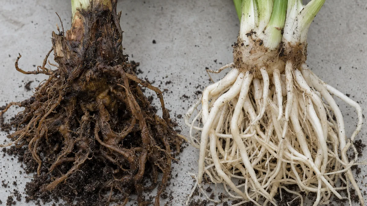Two plant root systems side by side, one with brown, soft, rotted roots and one with firm white healthy roots