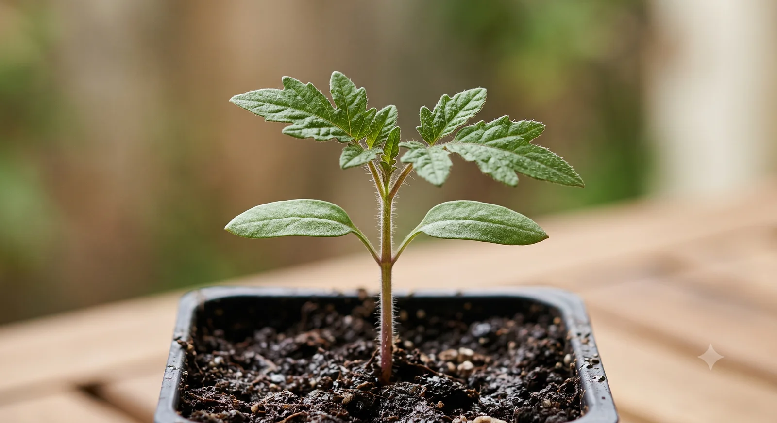 Close-up of a single young tomato seedling with cotyledons and first true leaves growing in a black cell pot