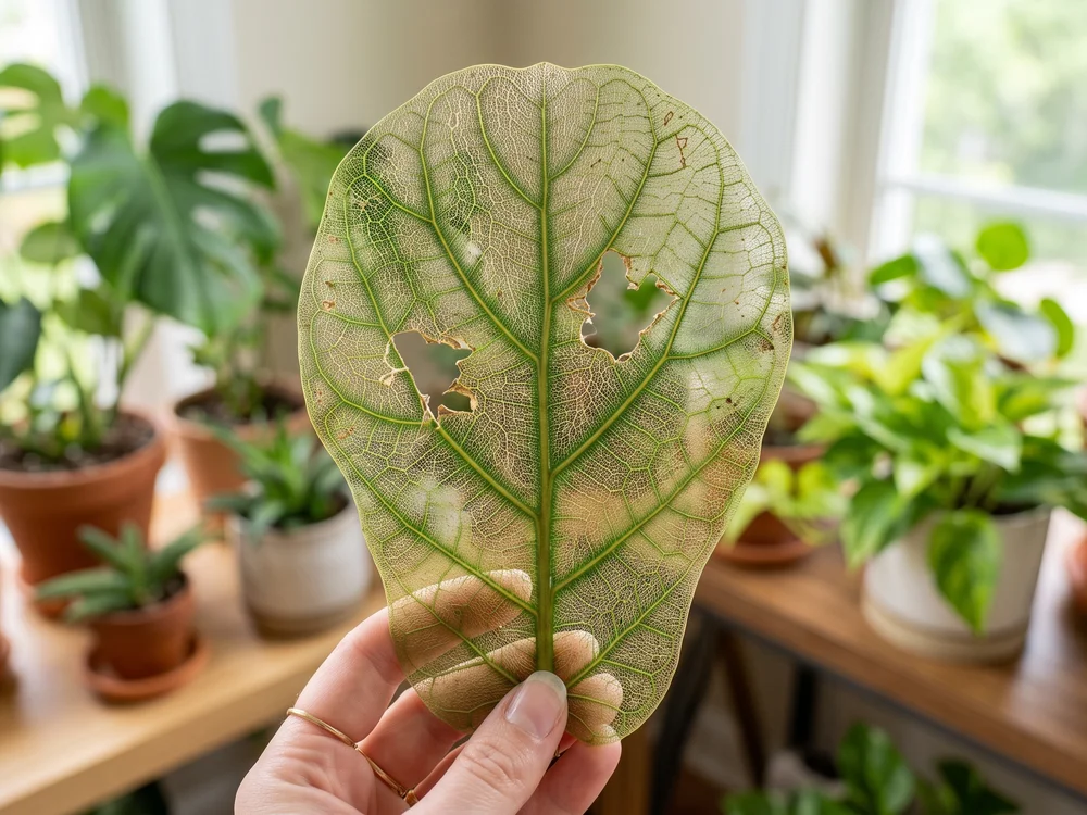 Skeletonized leaf with only veins remaining, showing Japanese beetle feeding damage