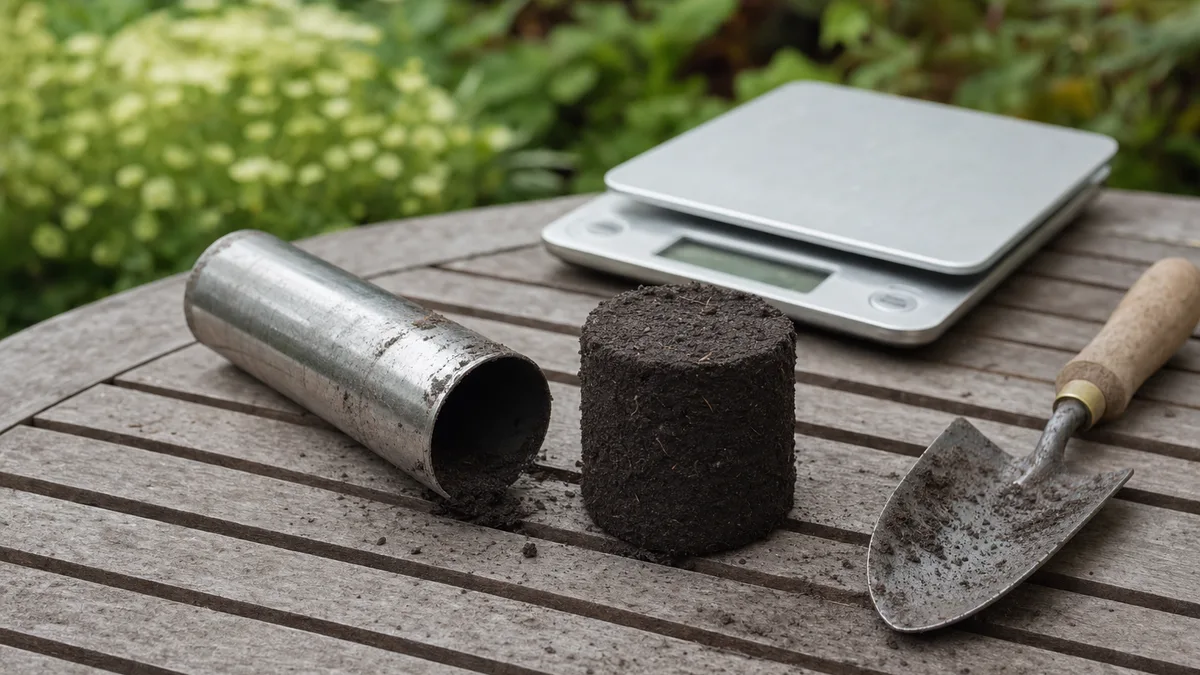 A short steel pipe lying on a weathered garden table beside a cylinder of dark loam soil pushed out of it, with a digital kitchen scale and a hand trowel nearby
