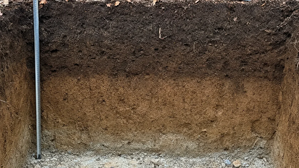 A freshly dug soil pit seen from the side with a steel tape measure along its left edge, showing a few fallen leaves at the surface, dark brown topsoil, lighter orange-brown subsoil and pale gravelly material at the bottom