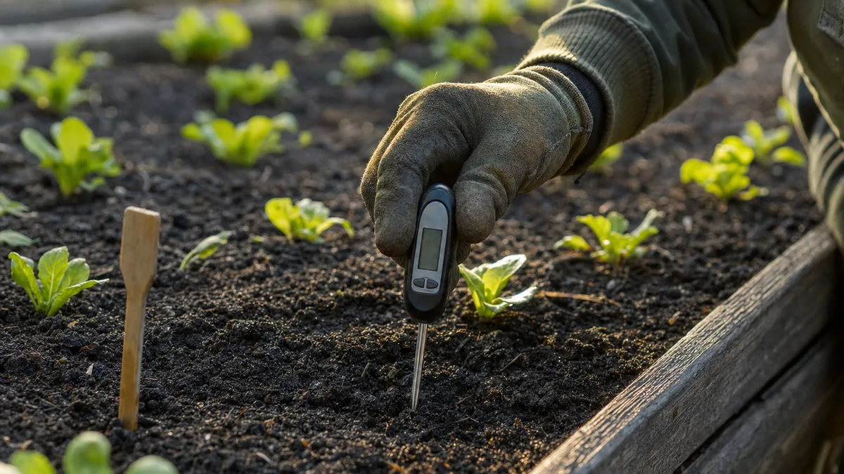 A gloved hand holding a digital probe thermometer over dark, moist soil in a raised vegetable bed with small lettuce seedlings and a wooden row marker in early morning light