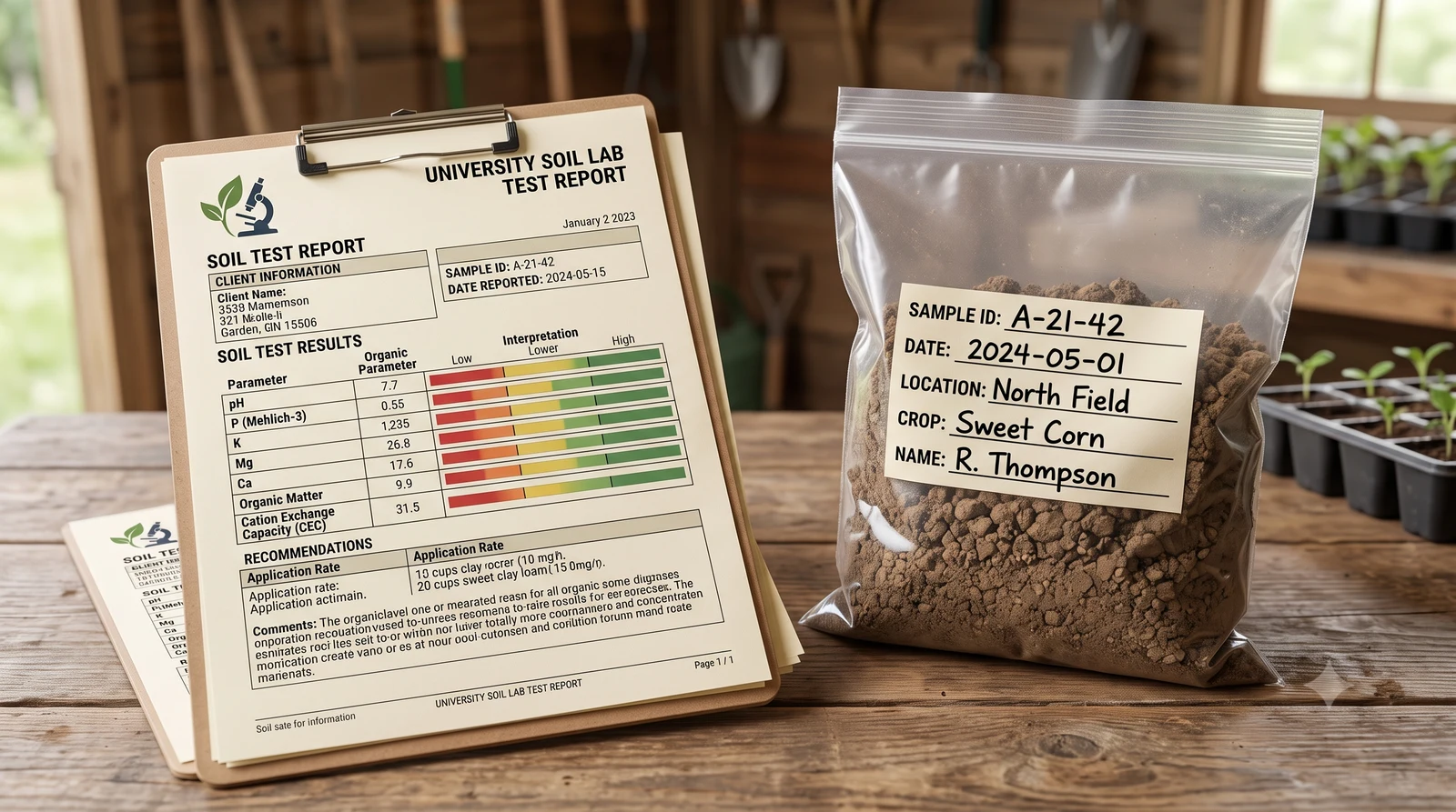 A soil test report on a clipboard next to a labeled bag of a submitted soil sample on a potting bench