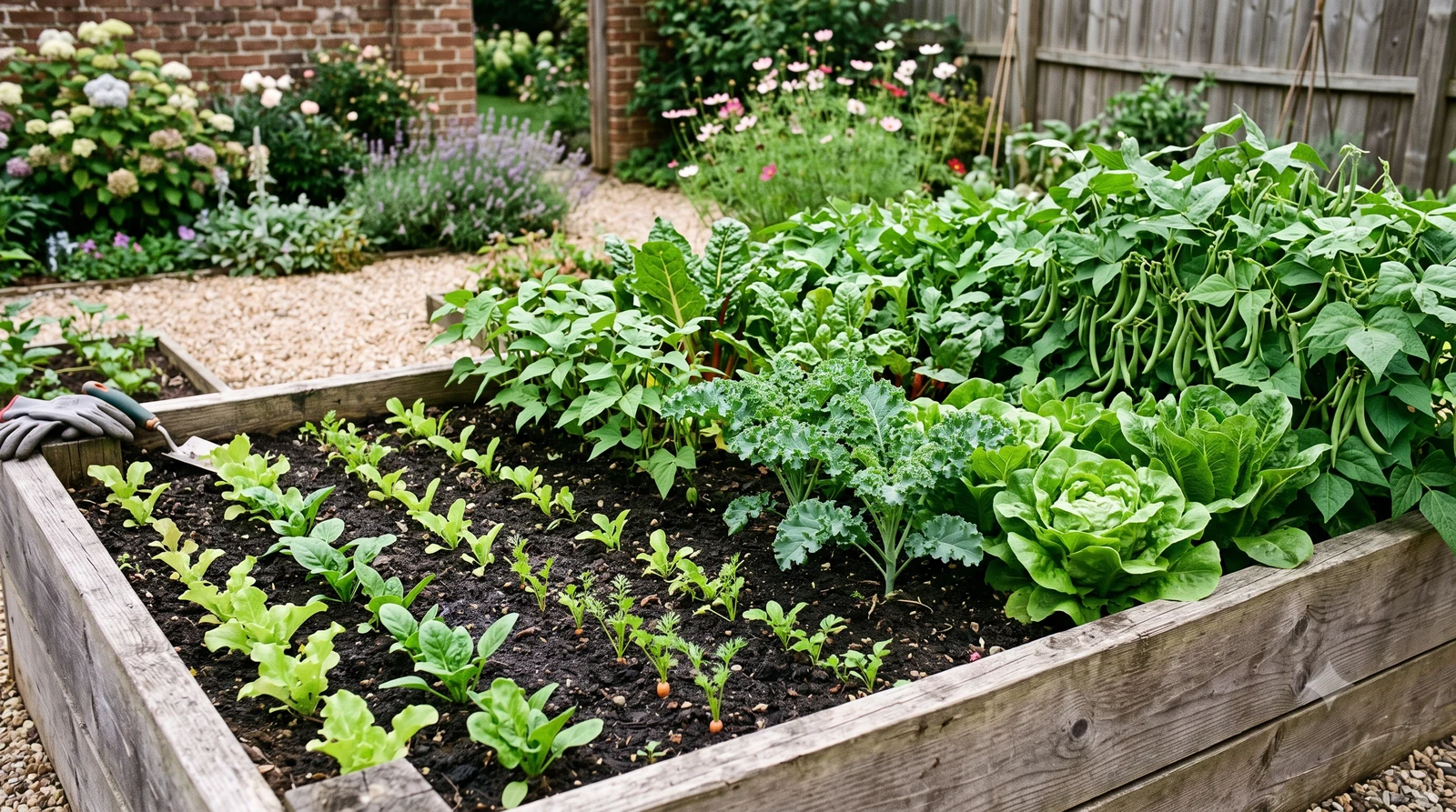 A raised bed garden showing succession planting in progress — young lettuce and carrot seedlings alongside maturing kale, chard, and beans at different growth stages
