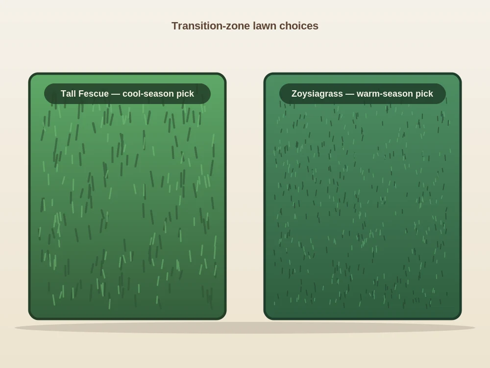 Illustration comparing tall fescue turf texture beside zoysiagrass turf texture, the two grasses most often recommended for transition-zone lawns