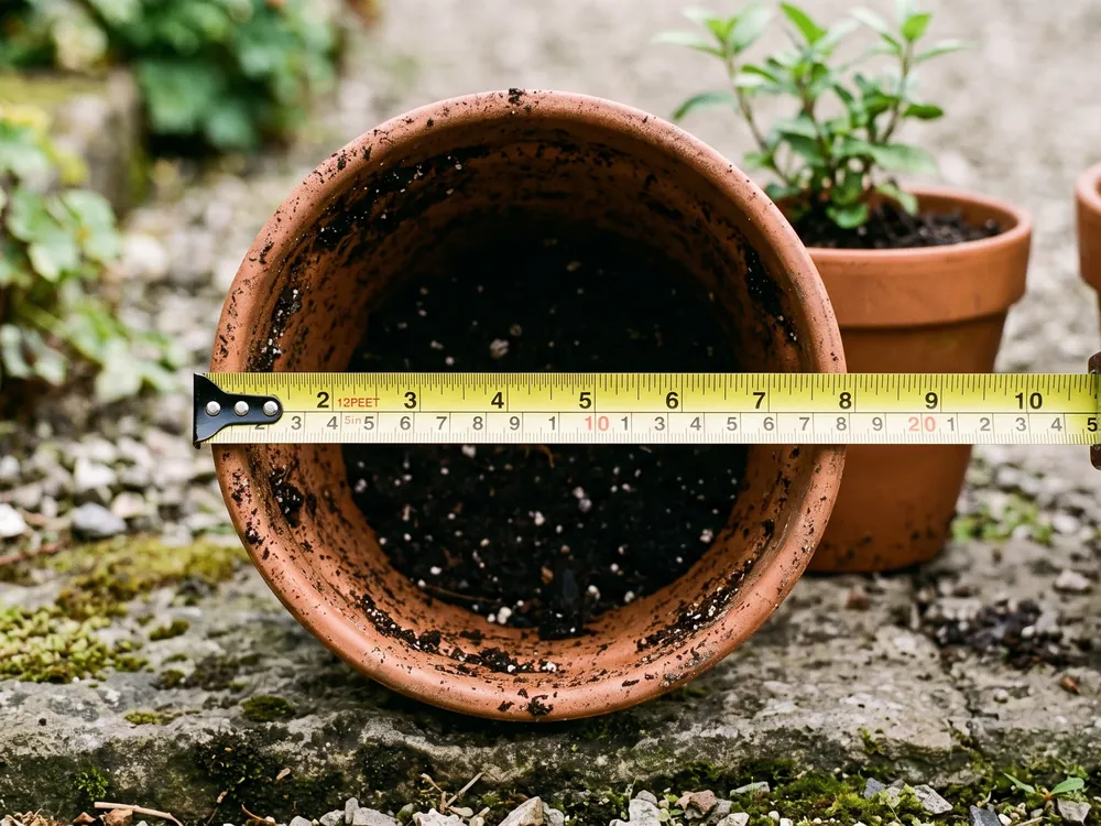 Tape measure across the top diameter of a plant pot
