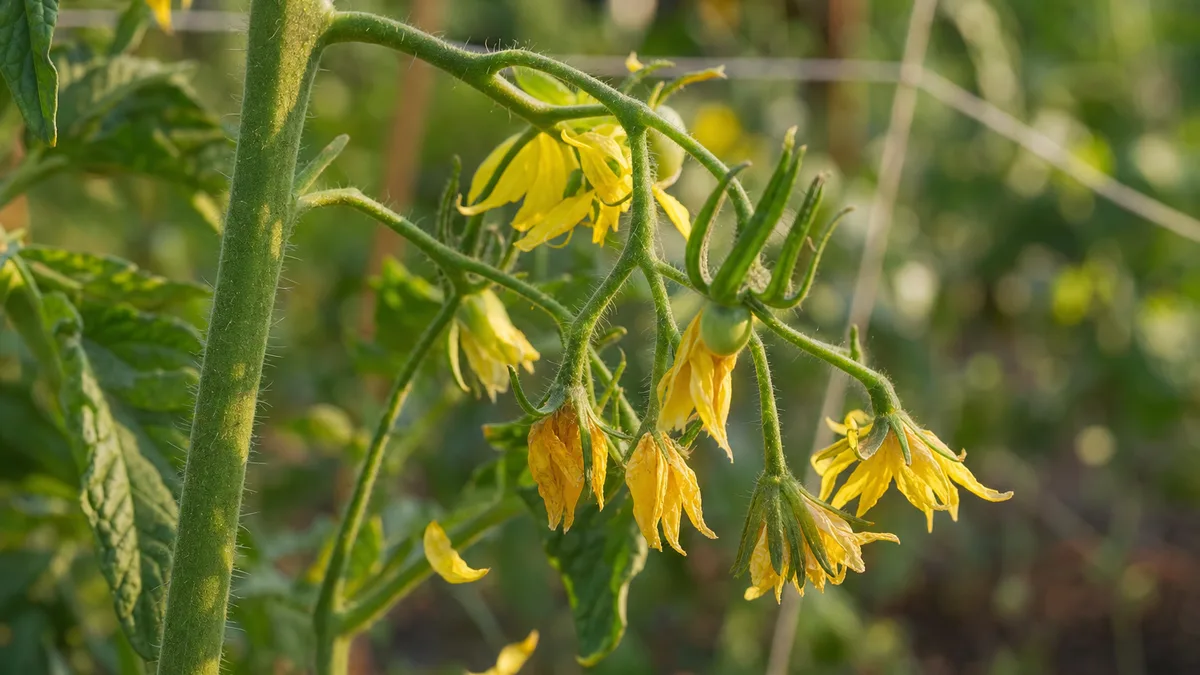 Tomato flower truss with yellow blossoms shriveling on the stem before any fruit has formed