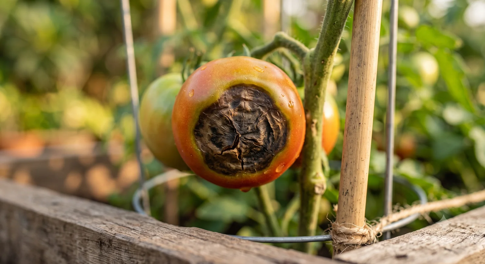 Close-up of a tomato on the vine with a dark, sunken, leathery patch of blossom end rot at the bottom of the fruit