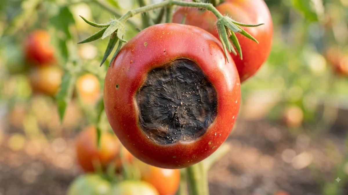 Tomato with dark, leathery, sunken patch at the blossom end, showing classic blossom end rot