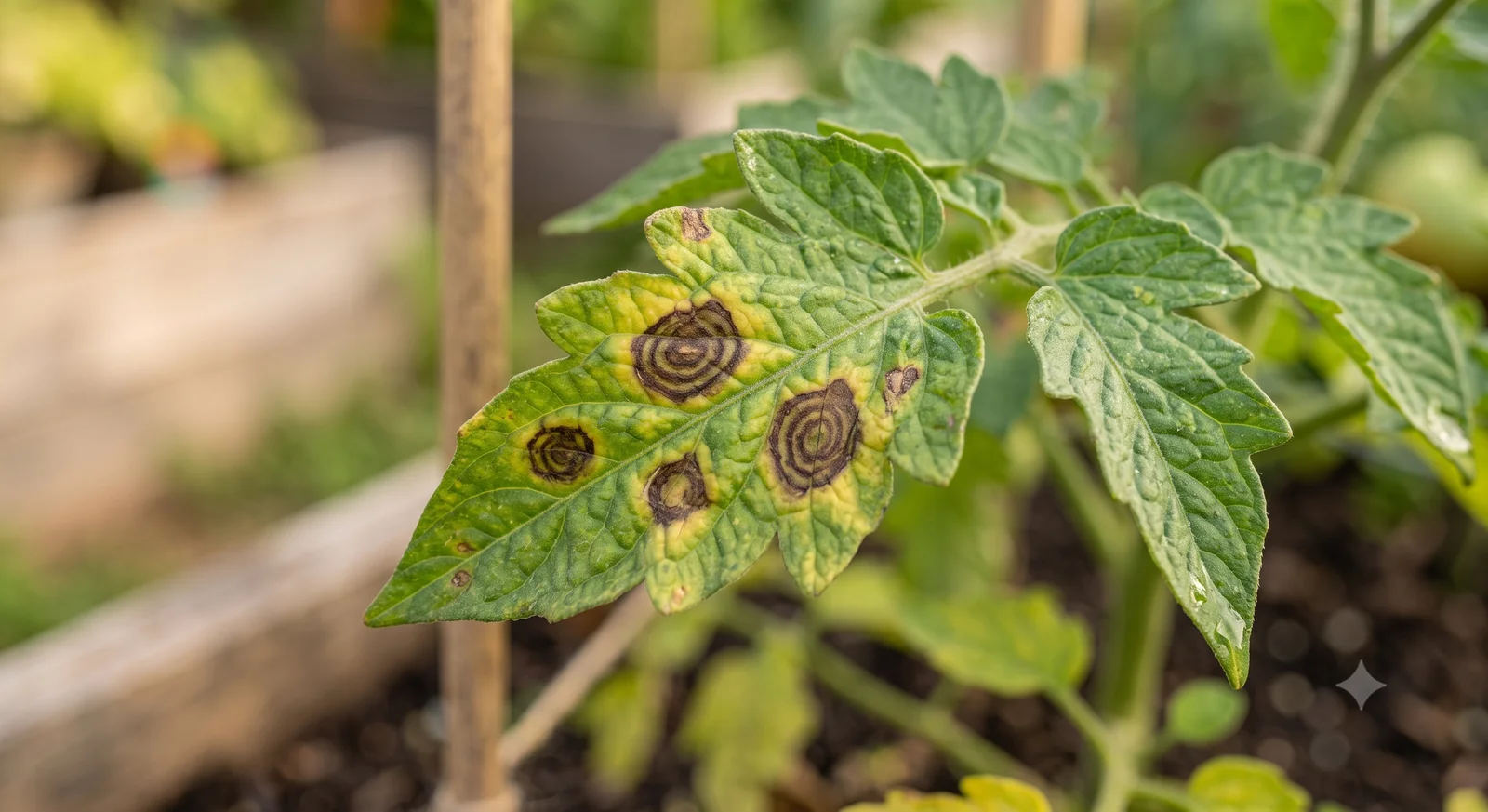 Close-up of a tomato leaf with yellow-edged brown spots showing dark concentric rings, the bullseye pattern characteristic of early blight