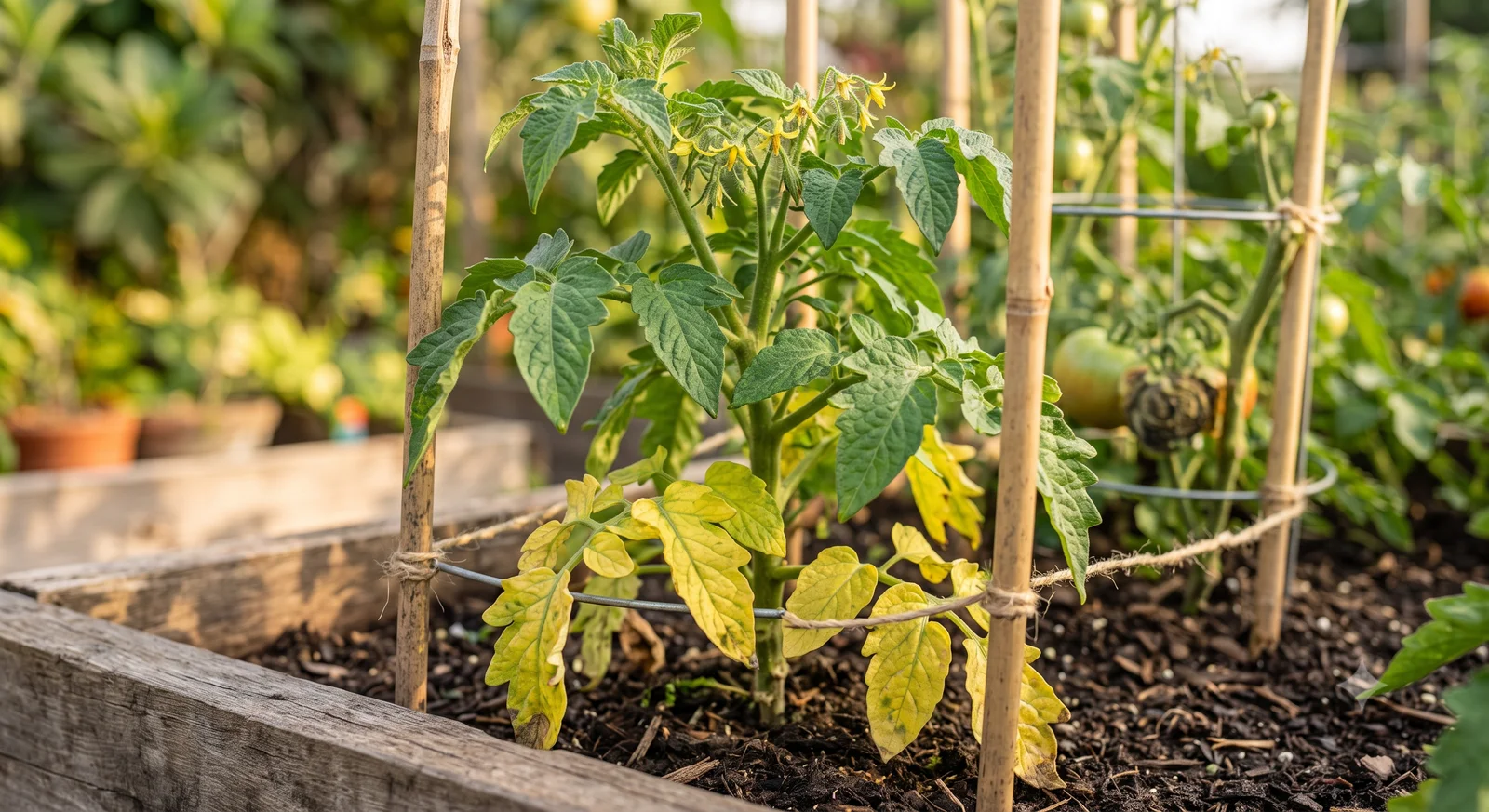 Tomato plant with yellowing lower leaves supported by bamboo stakes and wire cages in a raised garden bed, healthy green growth and flowers above