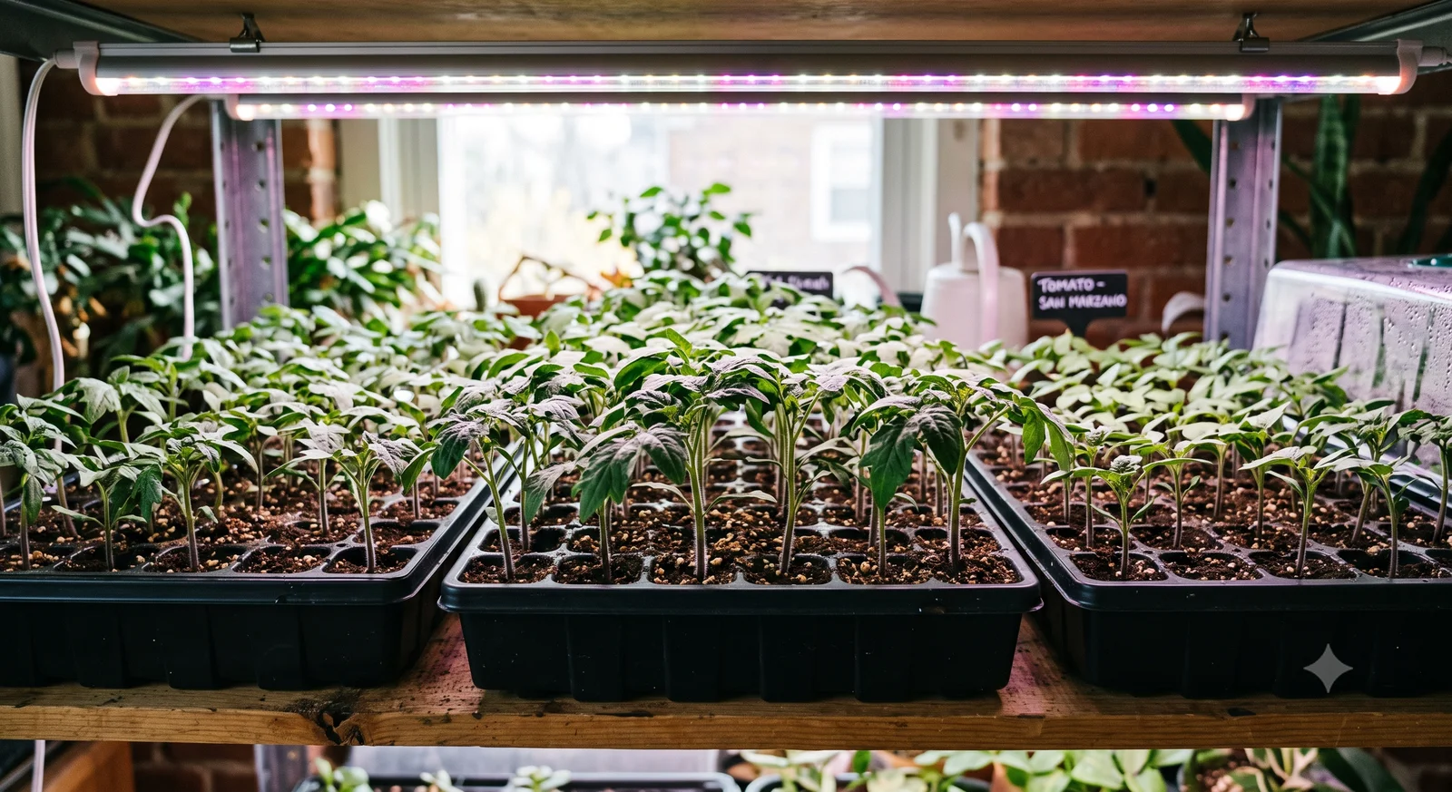 Trays of young tomato and pepper seedlings under a full-spectrum LED grow light, with hand-lettered plant labels including 'Tomato - San Marzano'