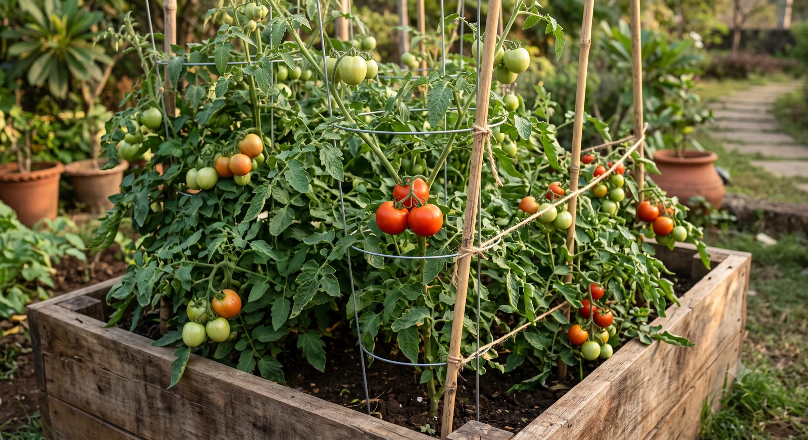 Tomato plants supported by wire cages and bamboo stakes growing in a wooden raised garden bed, with ripening red and green fruit