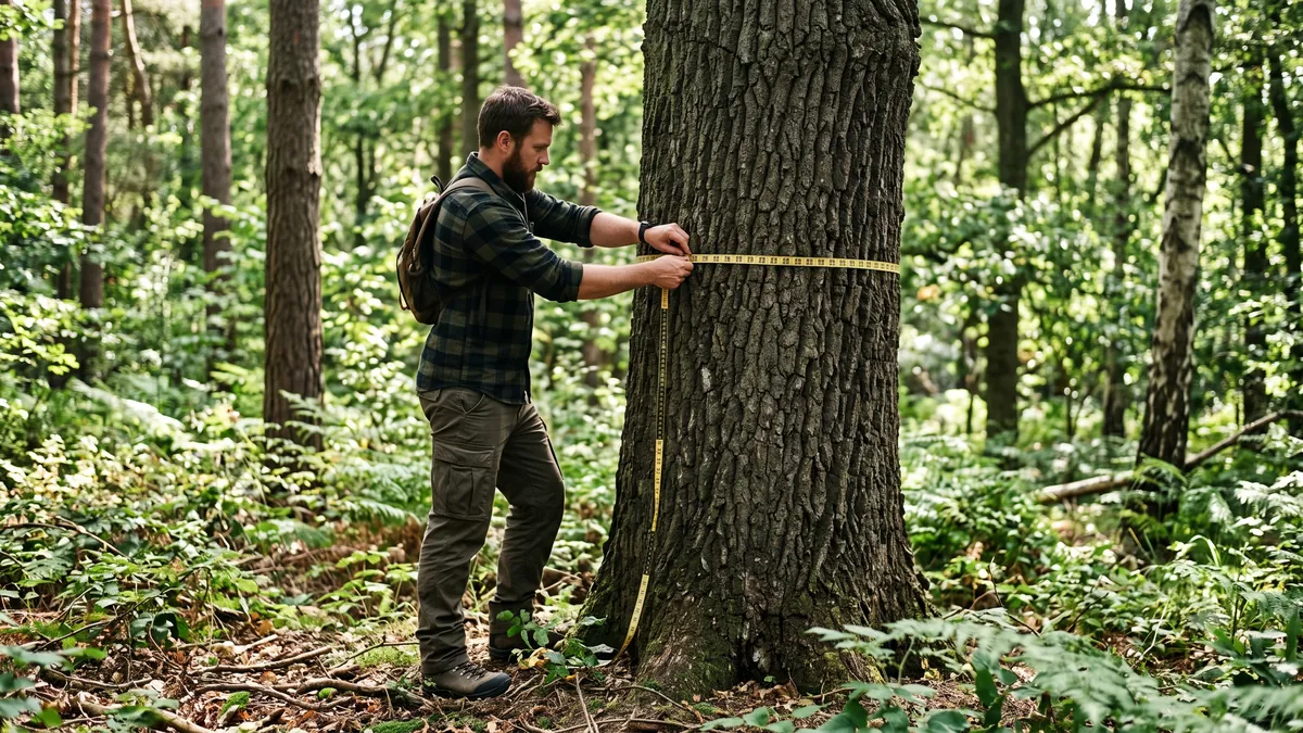 Person measuring a tree trunk's circumference with a tape measure