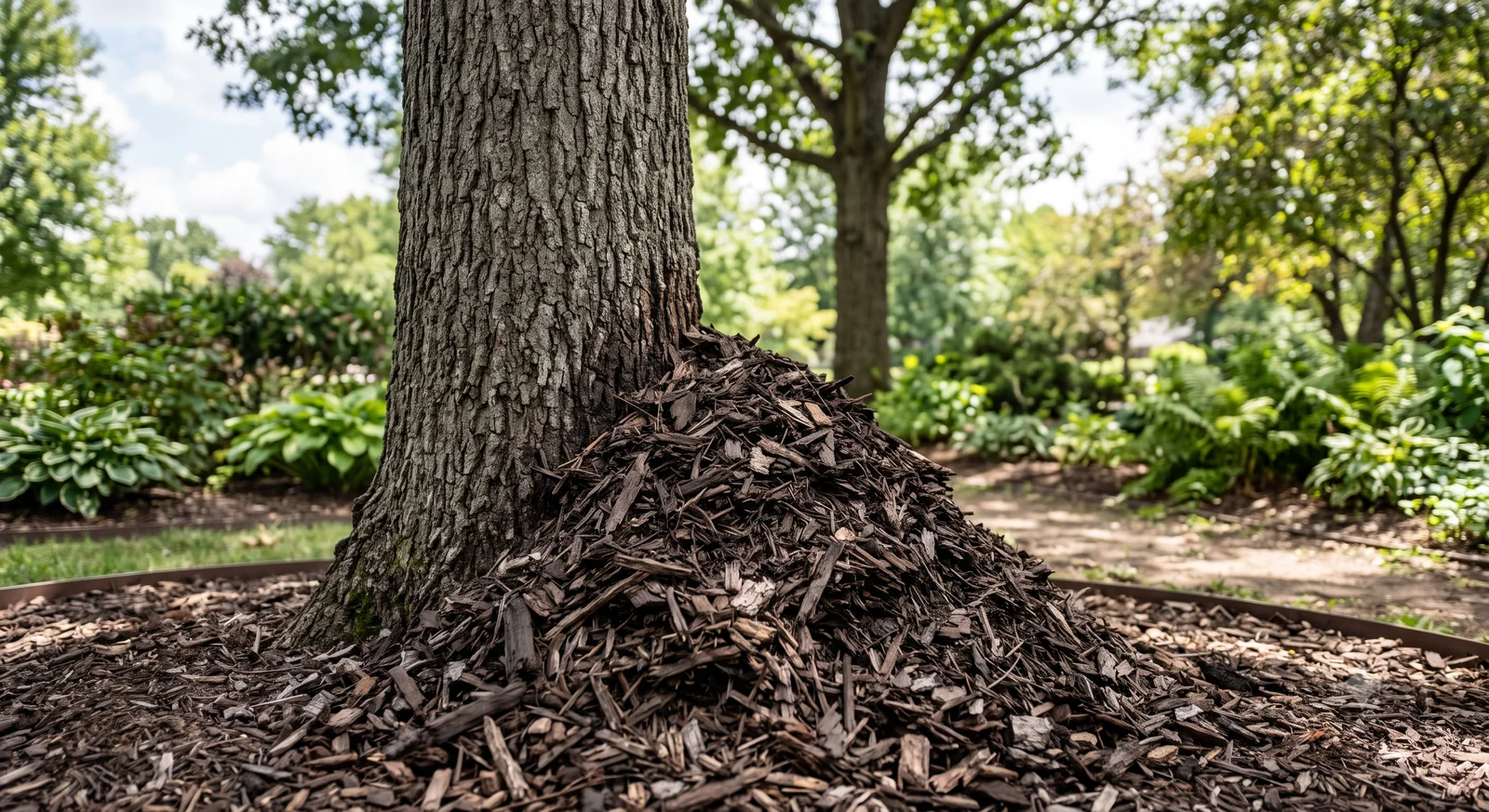 Volcano mulching: a cone-shaped pile of mulch heaped directly against a tree trunk, burying the bark and root flare