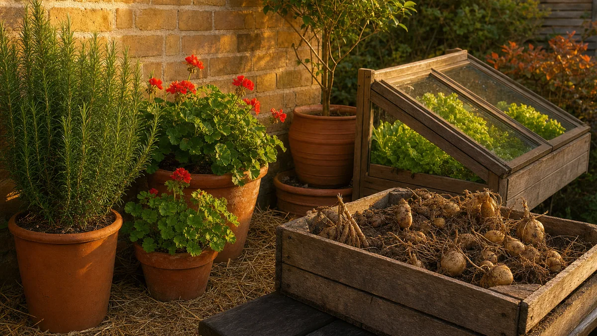 Garden pots of rosemary and geranium grouped against a south wall under a straw mulch layer, with a cold frame of lettuce and a row of dahlia tubers drying in a crate beside them