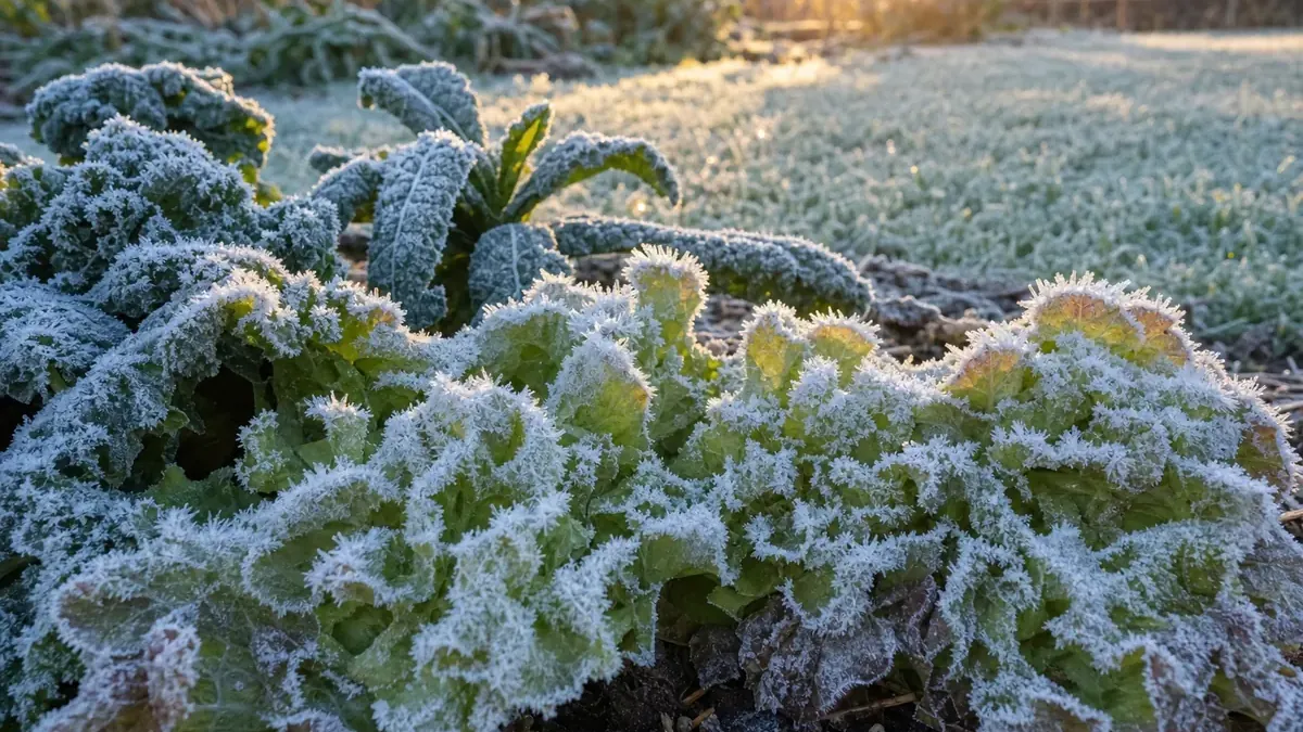 White frost crystals on kale and lettuce leaves in a garden bed at sunrise