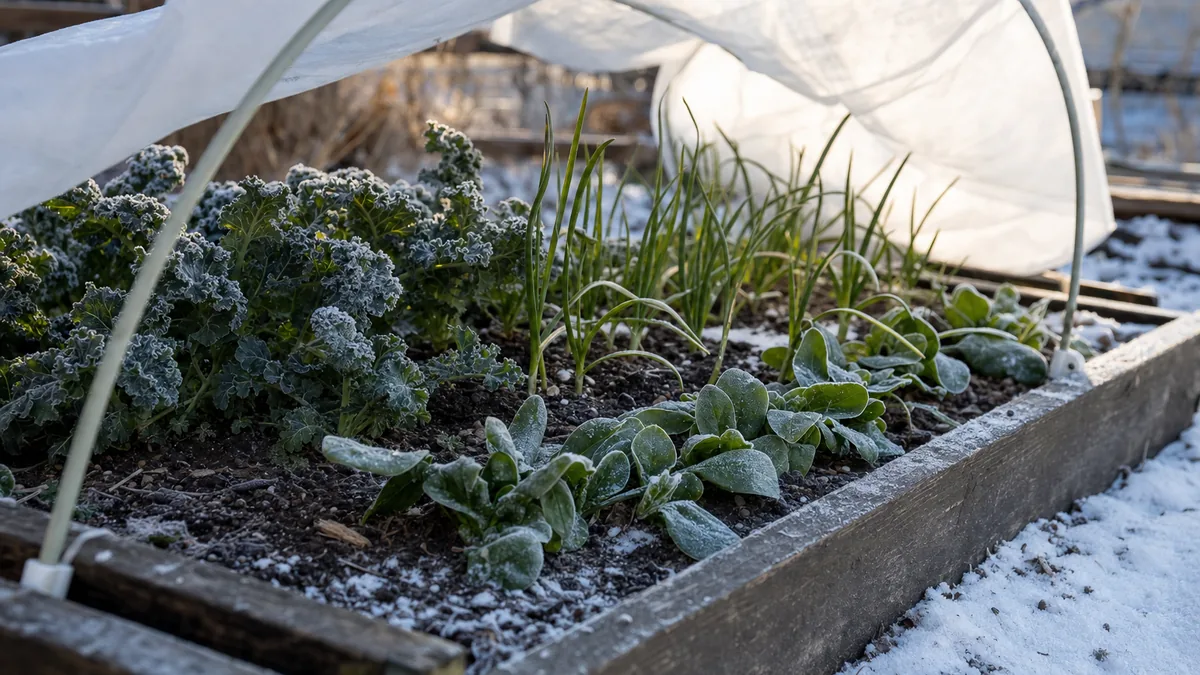 Rows of kale, spinach and lettuce growing under a low hoop row cover in a winter vegetable bed, with frost on the fabric edges