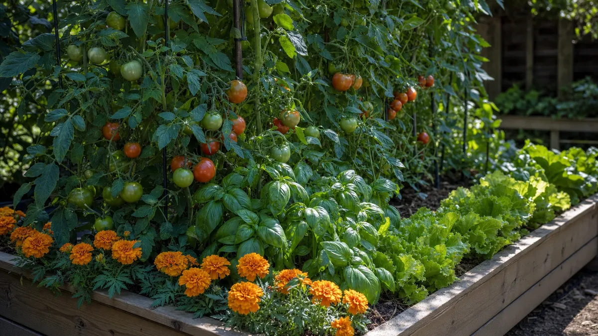 Tomato plants in a raised bed with basil at their base, marigolds along the front edge and a row of lettuce on the shaded north side