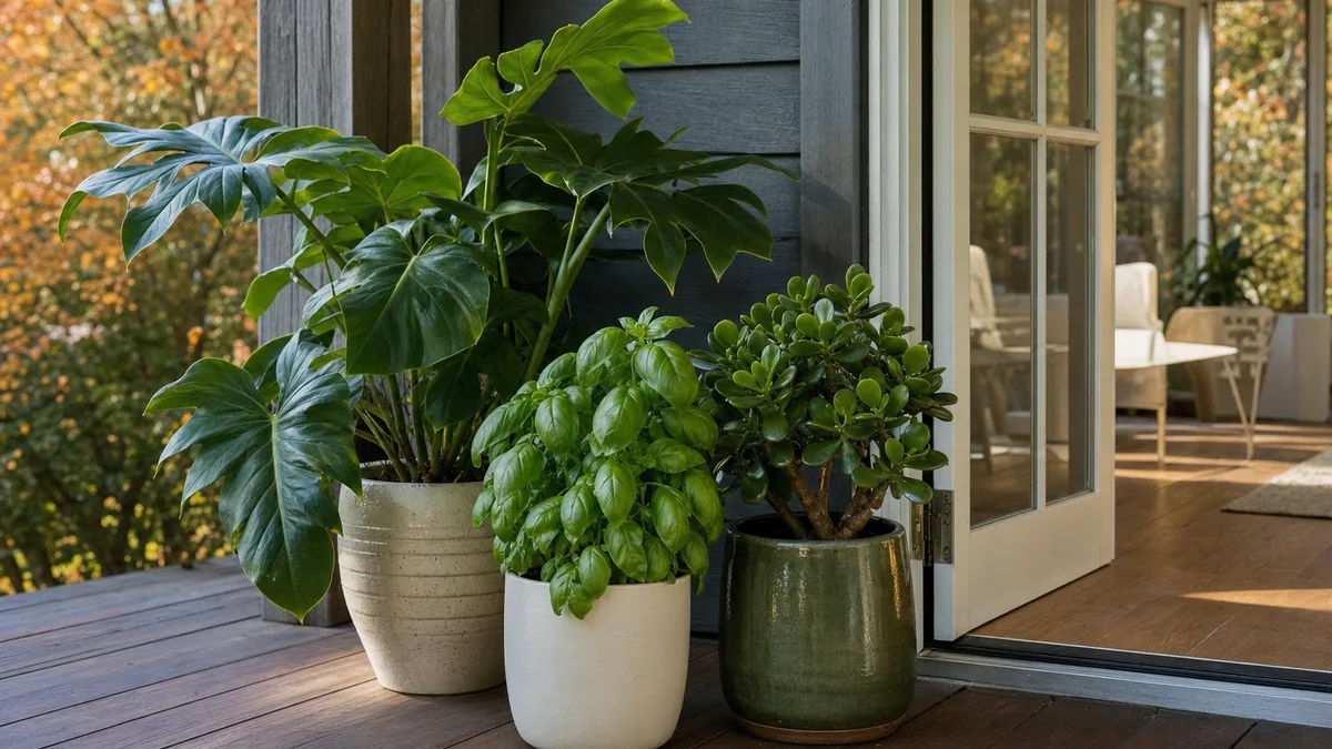 Potted tropical houseplants, a monstera, a basil plant and a jade plant lined up on a covered porch in autumn light, ready to be carried indoors