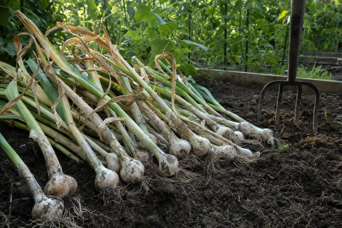 Freshly dug garlic plants with leaves, roots and soil still attached, laid in a row beside a garden bed in summer