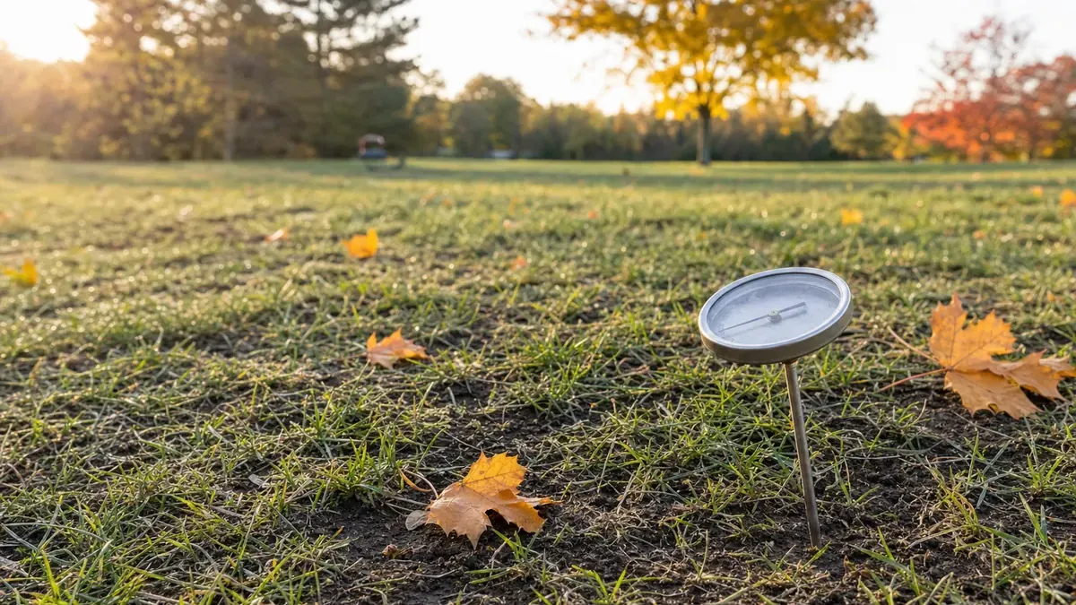 Thin autumn lawn with a soil thermometer pushed into the turf and fallen maple leaves