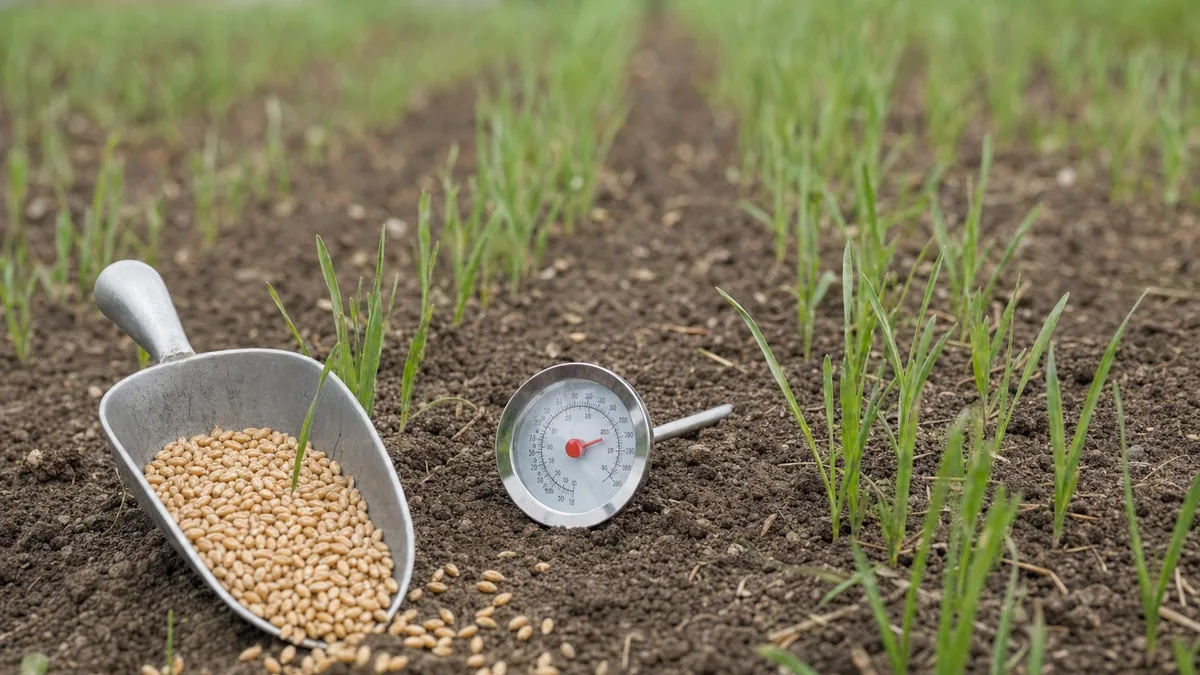 Rows of young winter wheat seedlings with thin green blades in bare brown soil on a cool October morning, with a small seed scoop and a soil thermometer beside the row