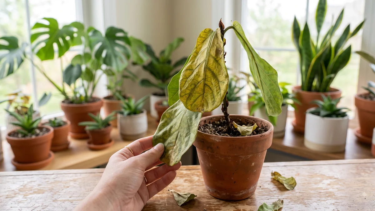 Wilted houseplant with drooping leaves on a windowsill, for diagnosing why a plant is wilting