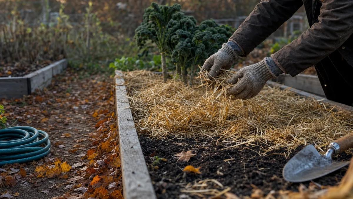 Gloved hands spreading straw mulch over a raised vegetable bed in late autumn, with kale still standing, fallen leaves and a coiled hose beside it