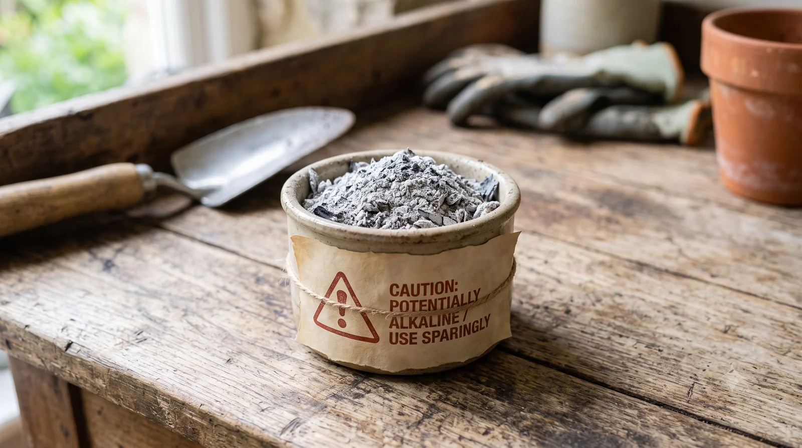 A small crock of gray wood ash wrapped with a paper label reading 'Caution: Potentially Alkaline / Use Sparingly', sitting on a potting bench