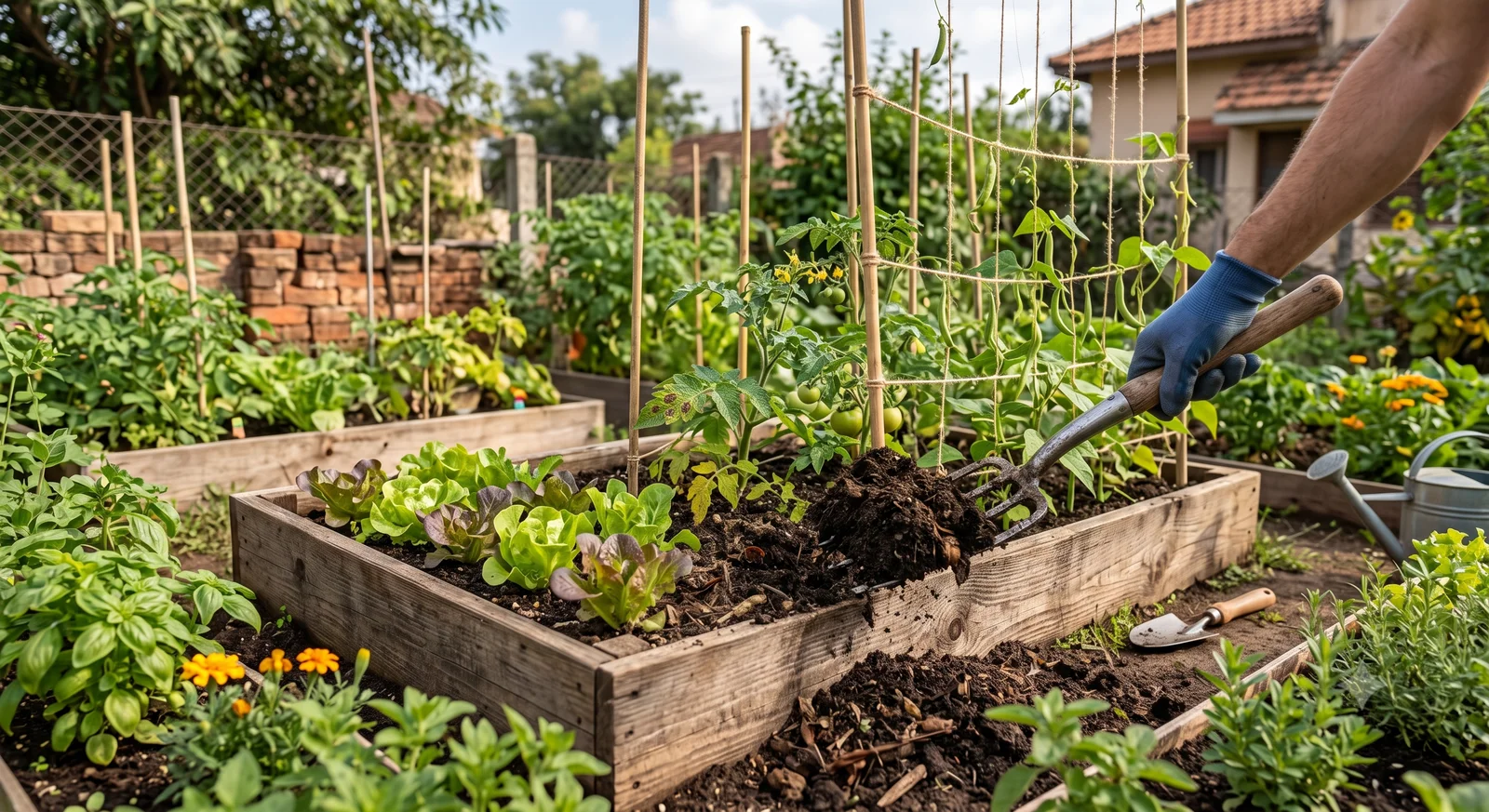 A gardener working compost into the soil of a raised garden bed with a hand fork, lettuce and tomato seedlings already planted nearby