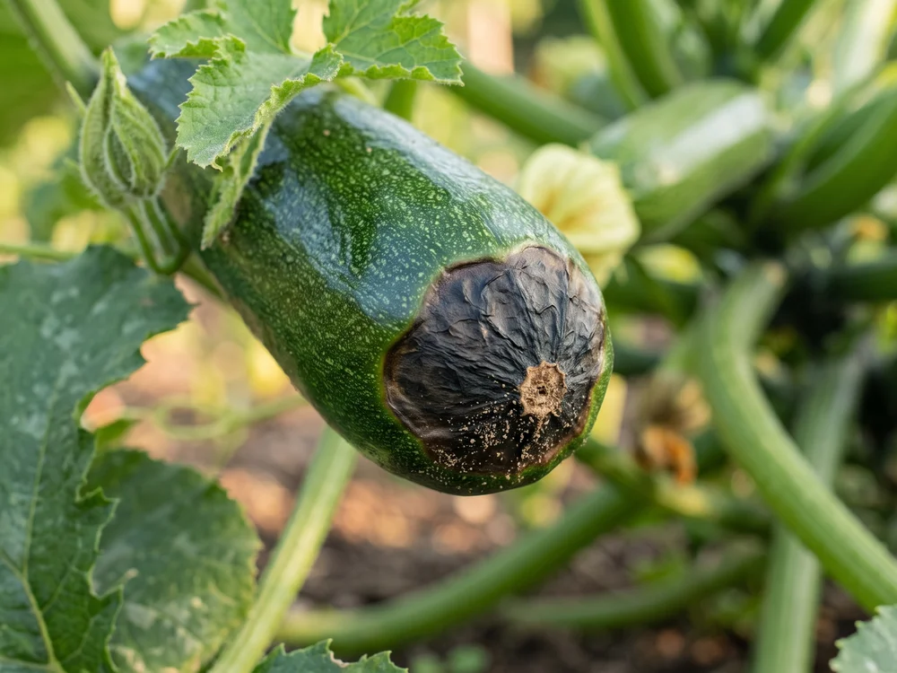 Zucchini with dark, sunken blossom end rot damage at the blossom end of the fruit